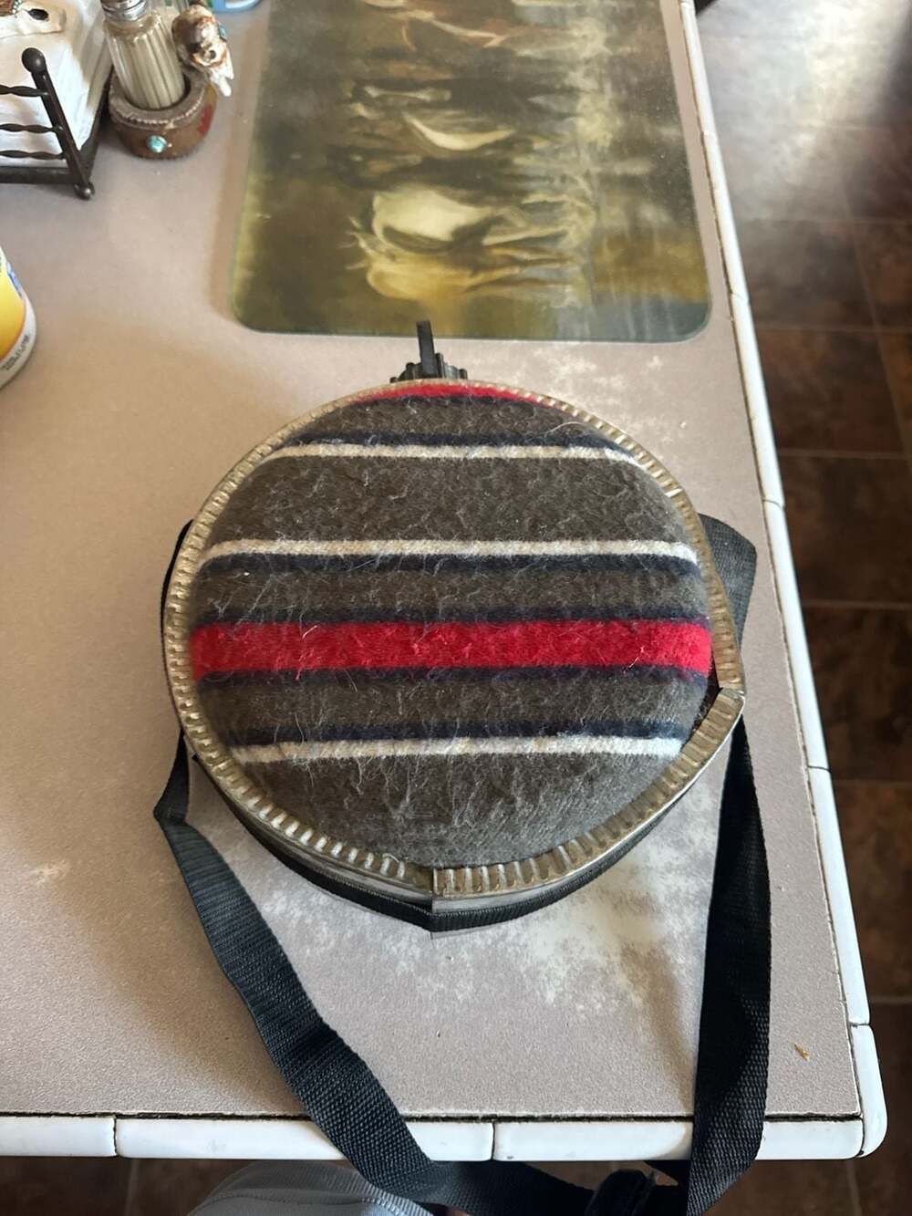 Vintage 2-Quart Round Metal Canteen with Striped Wool Blanket Cover and Strap